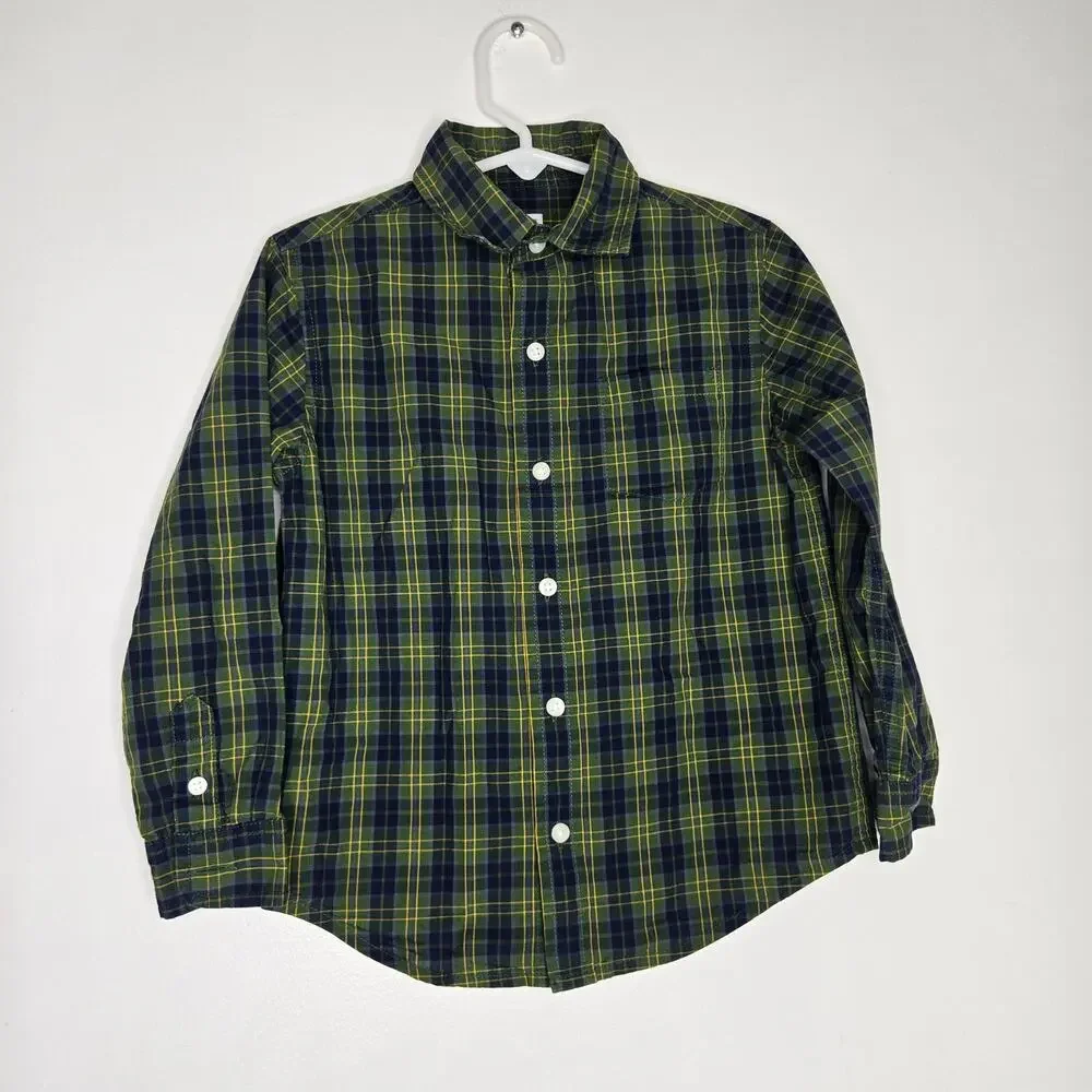 Janie and Jack Boy Plaid Dress Shirt Button Front Size 4 Green Cotton Fall